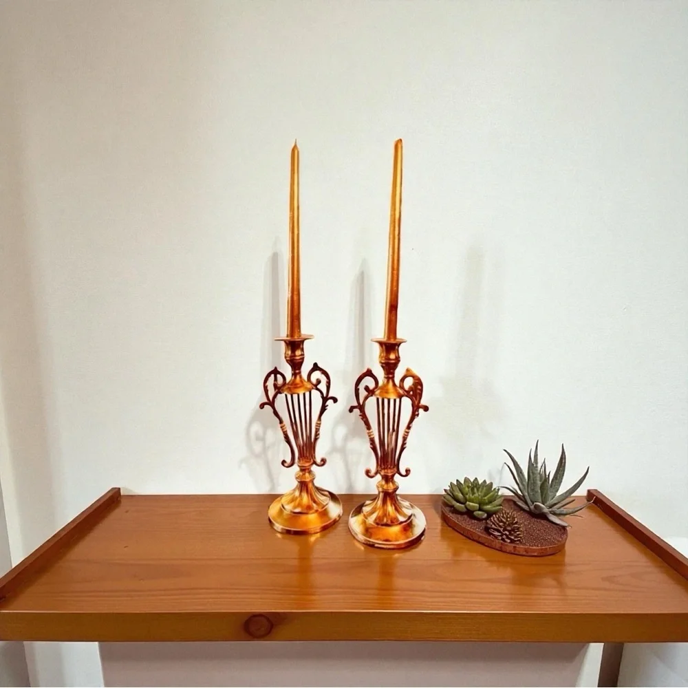 Pair of Lyre Shaped Brass Candle Holders 10-1/8